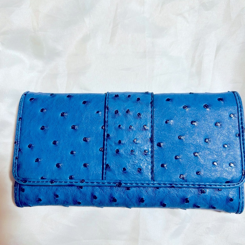 Royal Blue Ostrich Checkbook Wallet. Faux leather.
